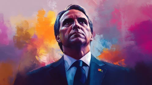 Digital portrait of solemn suited leader against vivid sky.