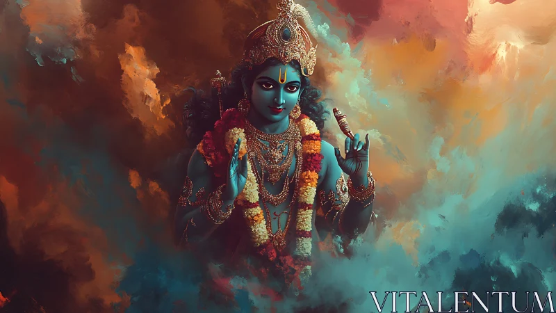 Radiant blue deity floats in swirling clouds of vivid light