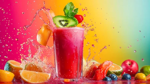 Beverage with fruit and water splash against gradient background.