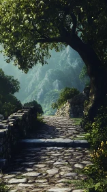 Sunlit stone pathway leading toward distant mountain cliffs