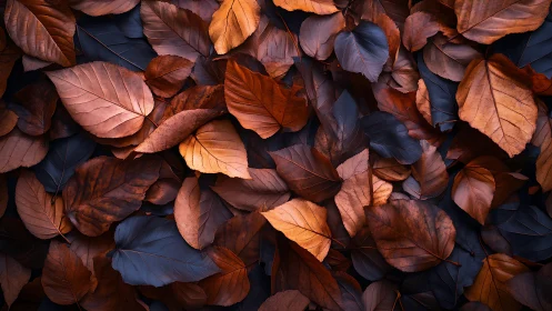 High-contrast overhead macro of copper and indigo autumn leaves