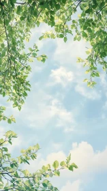 Tree canopy framing soft clouds in bright daytime sky.