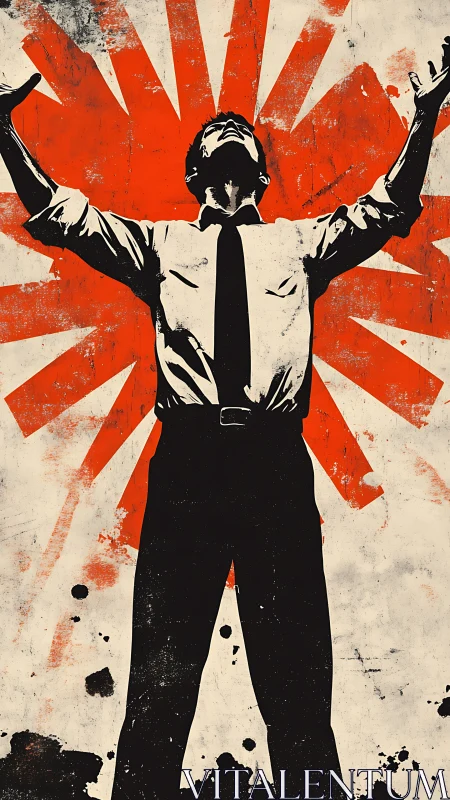 Graphic poster silhouette with radial red burst backdrop.