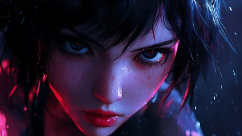 Cyberpunk close-up portrait with neon rim lighting focus.