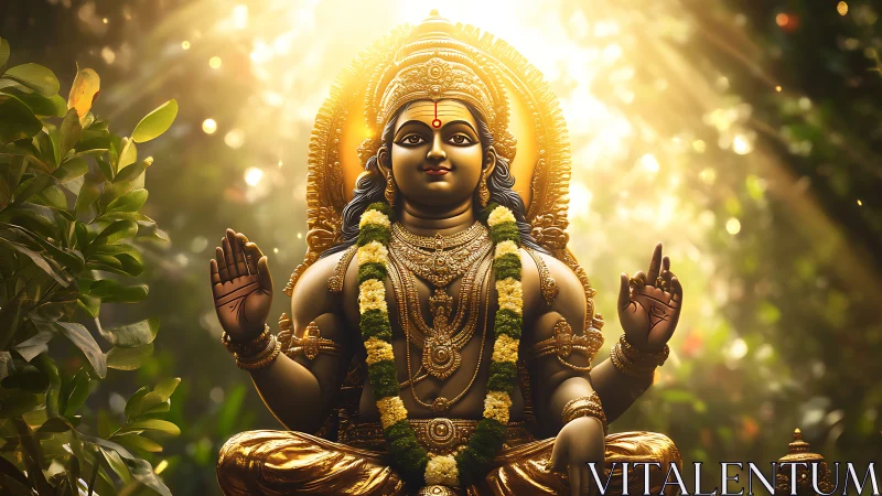 Radiant forest deity sculpture under volumetric sunlight beams.