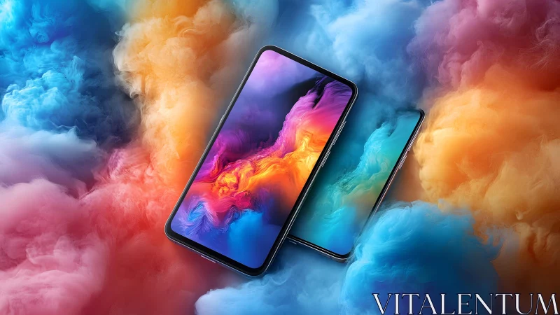 Modern smartphones with vibrant screens in colorful abstract clouds.