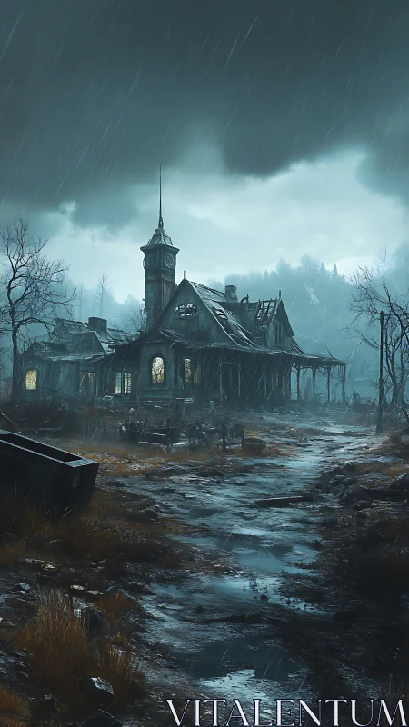 Storm-lashed abandoned mansion looms over flooded path.