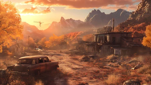 Sunset drifter glides above rusted motels and ember woods.