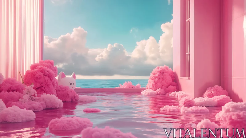 Surreal pink seaside terrace with cotton-candy poolscape.