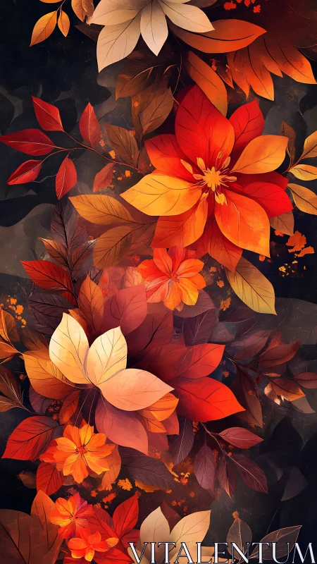 Floral Composition with Red and Orange Flowers on Dark Background