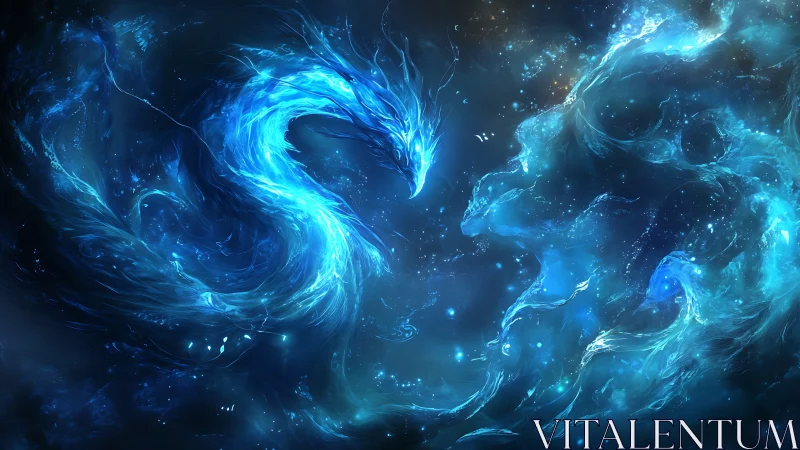Celestial blue dragon coils through luminous cosmic mist.