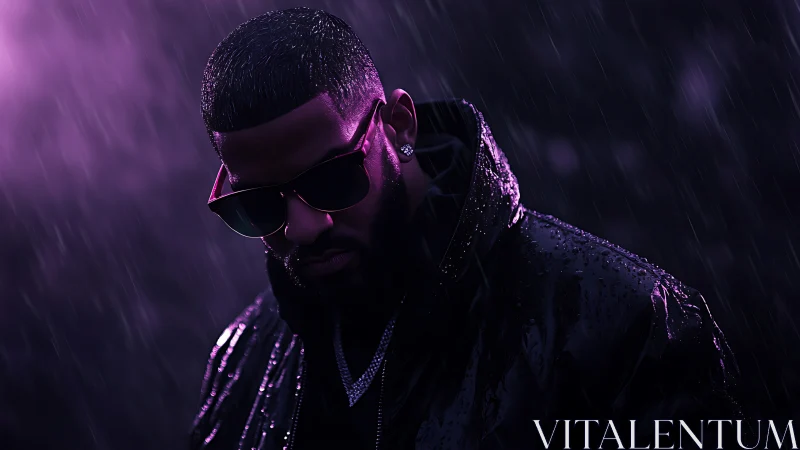 Moody cyber-noir portrait in rain with purple rim lighting