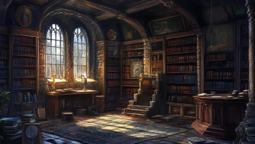 Sunlit stone library with tall shelves and arched window.