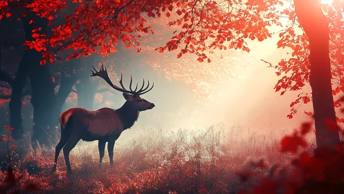 Red forest stag under radiant autumn sunrise glow.