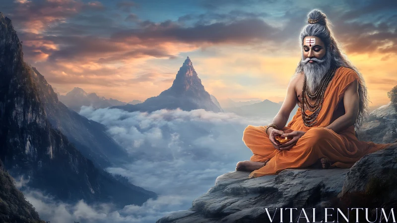 Skyline sage in saffron robes guarding a mountain dawn.