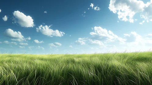 Grassy field under blue sky with scattered daylight clouds.
