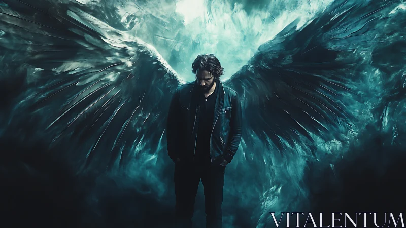 Solitary male figure stands before large dark feathered wings