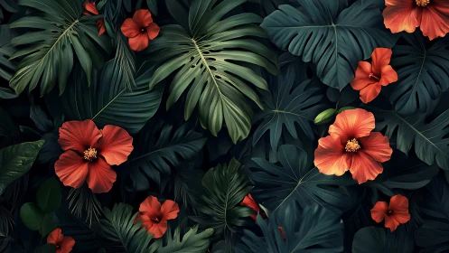 Red hibiscus flowers among tropical foliage.