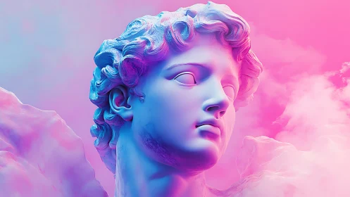 Neoclassical male bust with neon gradient lighting in clouds.