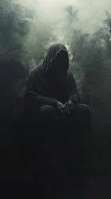 Mysterious cloaked figure resting in swirling shadowed mist.