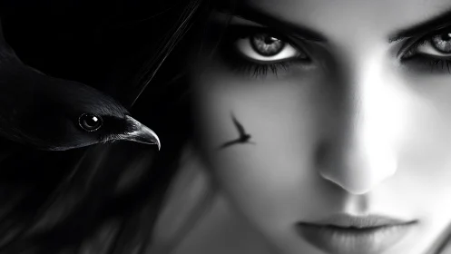 Raven and pale woman share intense monochrome stare