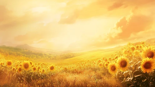 Radiant sunflower valley under golden cinematic sunrise light.