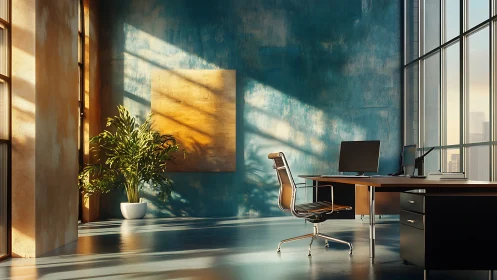 Modern office workspace with plant, desk and large windows.