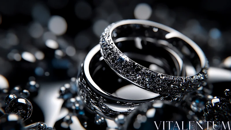 Diamond-studded wedding rings shine amid dark reflections.