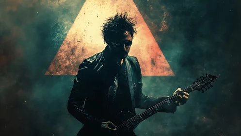 Cinematic rocker silhouette before luminous triangular backdrop.