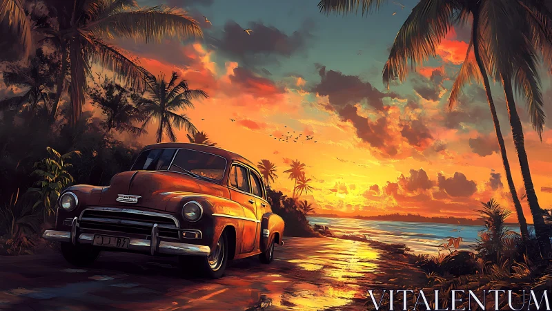 Sunlit classic car pauses by a dreamy tropical seaside road