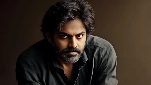 Intense bearded man in dark shirt against plain backdrop.