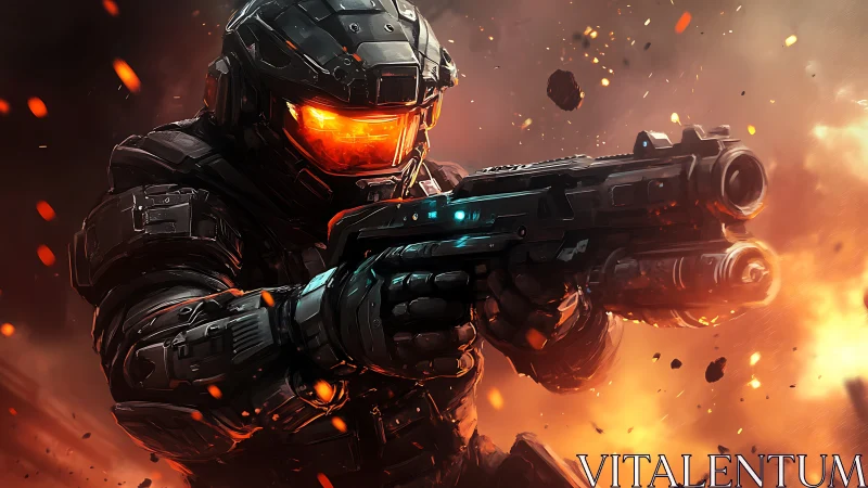 Armored space marine charging through explosive battlefield.