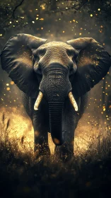 Majestic elephant strides through glowing golden dust field.