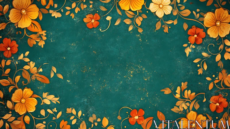 Golden Blooms Dance Against Teal Elegance and Vintage Decay