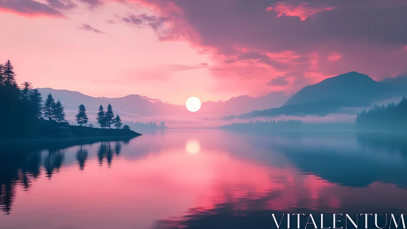 Cotton-candy sunrise over mist-laced mountain lake mirror.