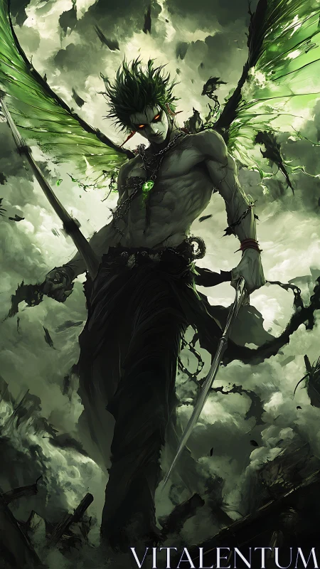 Bioluminescent winged revenant in storm-torn aerial theater.