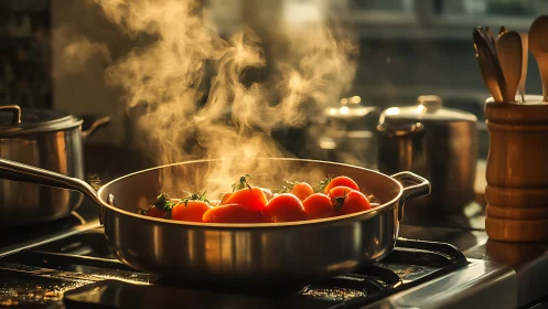 Vibrant Red Tomatoes Simmering in Hot Wok.