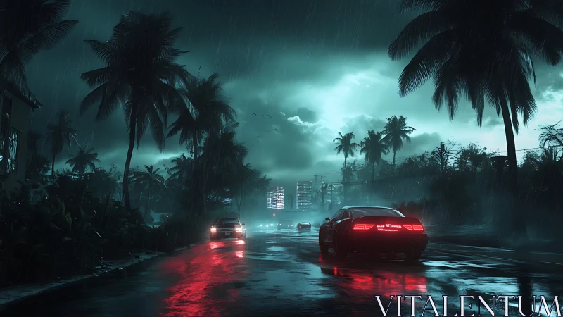 Nocturnal coastal highway in storm with neon-lit sports cars