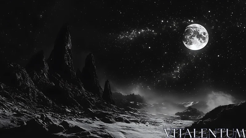 Moonlit alien badlands under a glittering stellar river.