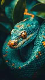 Close view of coiled turquoise and orange snake in foliage.