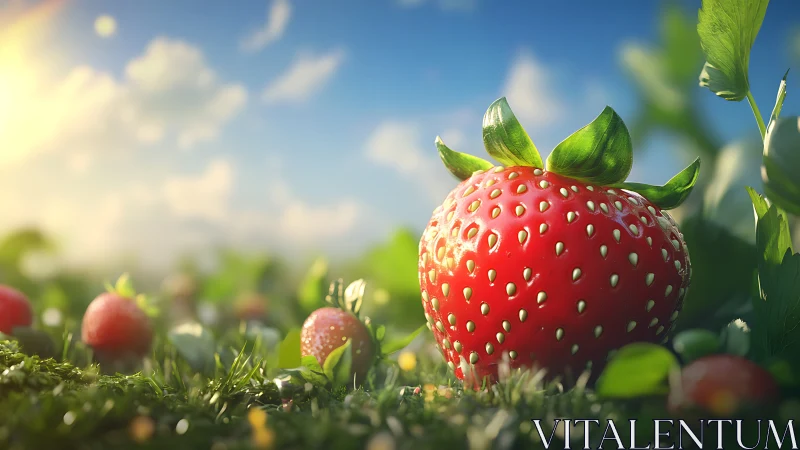 Sunlit strawberry rests in lush garden under vivid sky