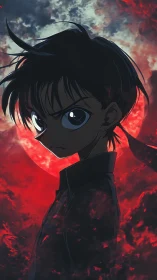 Side-profile anime boy before red moon and clouded sky.