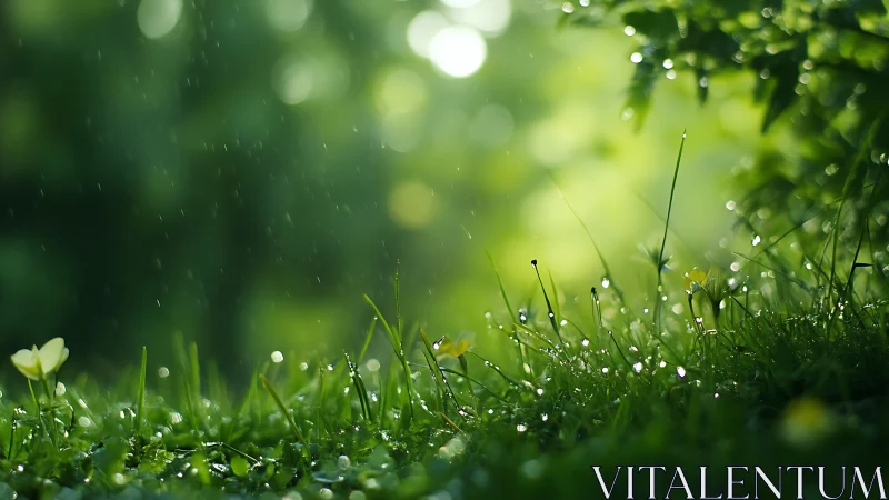 Ground-level view shows wet grass and flowers in light rain