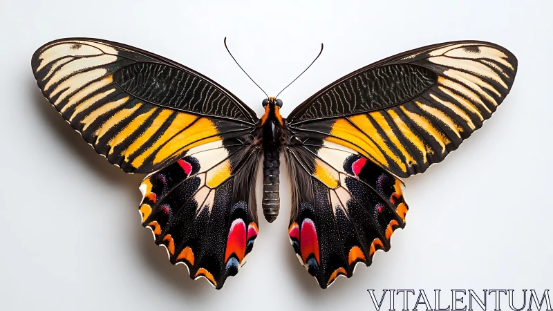 Radiant butterfly spreads bold patterned wings in gentle light