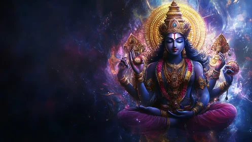Multi-armed blue deity in ornate cosmic environment.