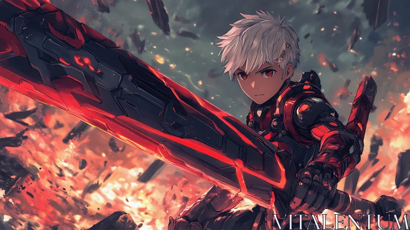 Cyber warrior raises massive flaming blade in battle