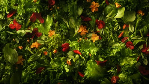 Mixed green leaves and flowers form dense overhead foliage