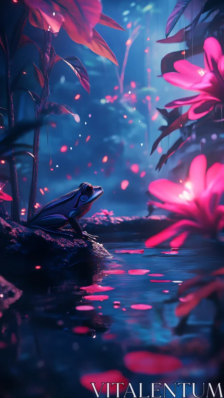 Bioluminescent frog beside neon pond in dusky jungle glow.