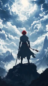 Lone red-haired warrior confronts vast stormlit heavens