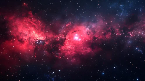 Red emission nebula with dense star field in deep space.